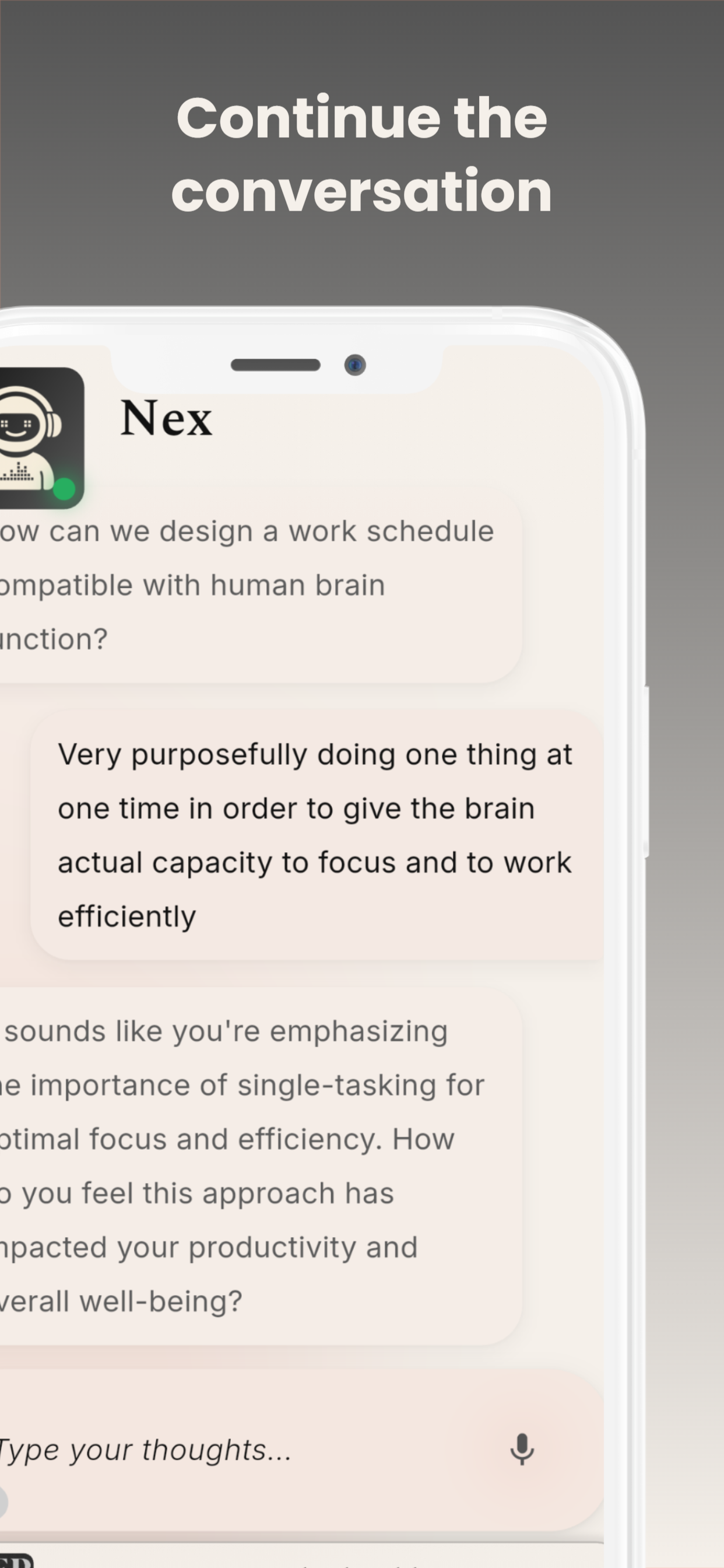 ThoughtX screenshot — Continue the conversation